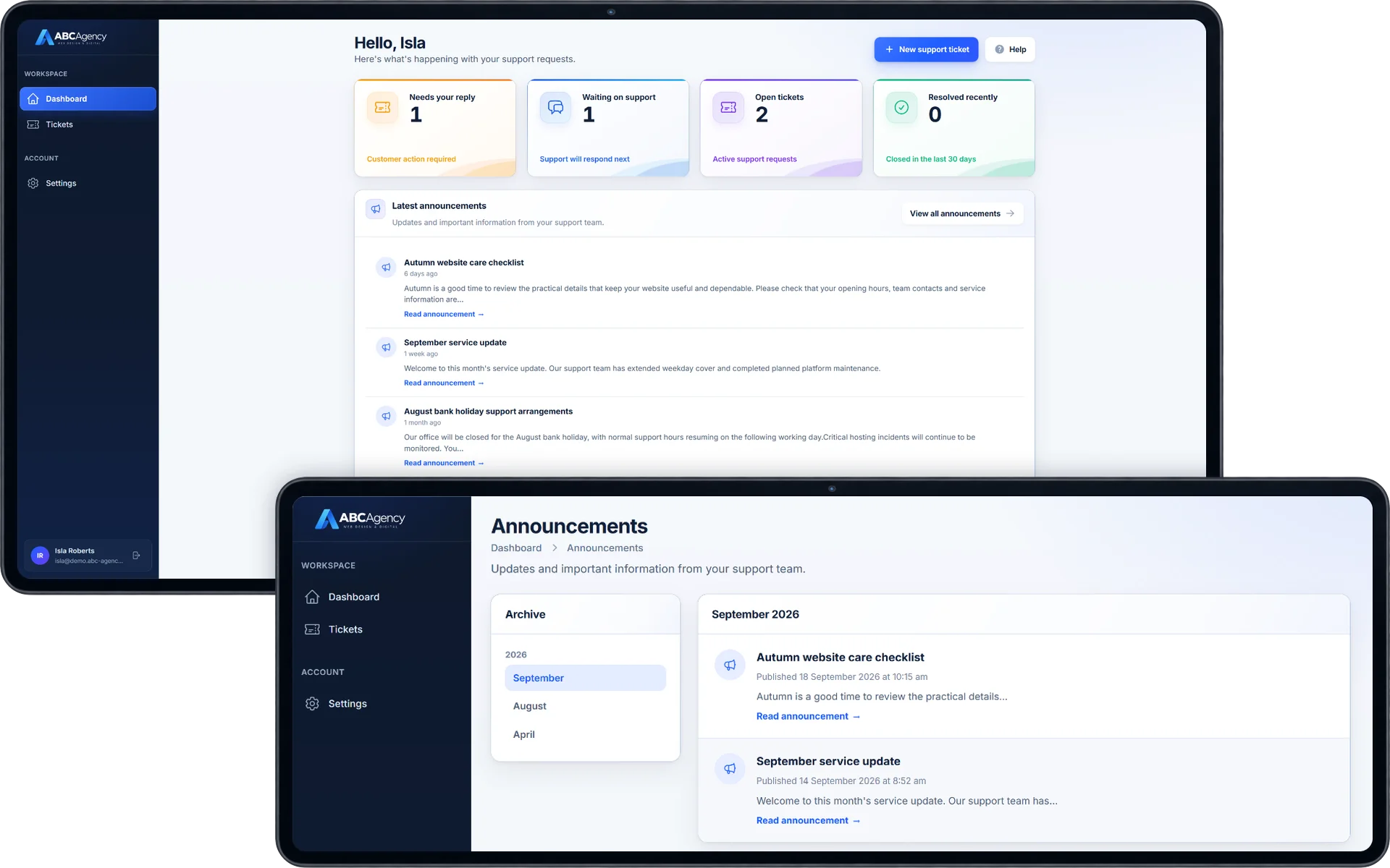 Branded client dashboard with recent announcements alongside the announcements archive