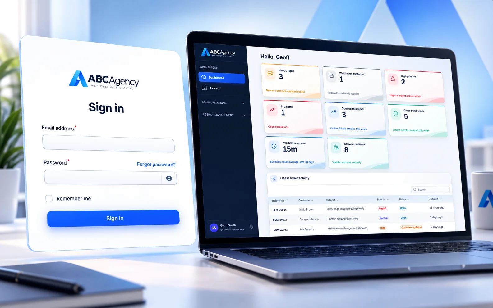 ABC Agency branding on a helpdesk sign-in screen and support dashboard