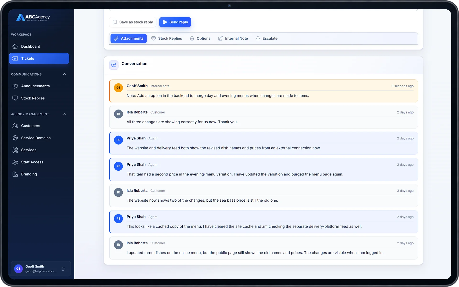 Branded helpdesk conversation showing customer replies, agent responses and a private internal note