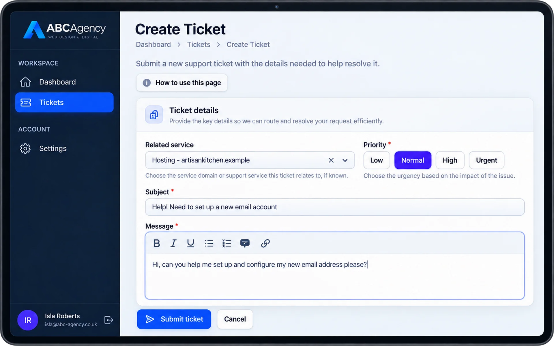 Branded helpdesk ticket form showing a client asking for help setting up an email account